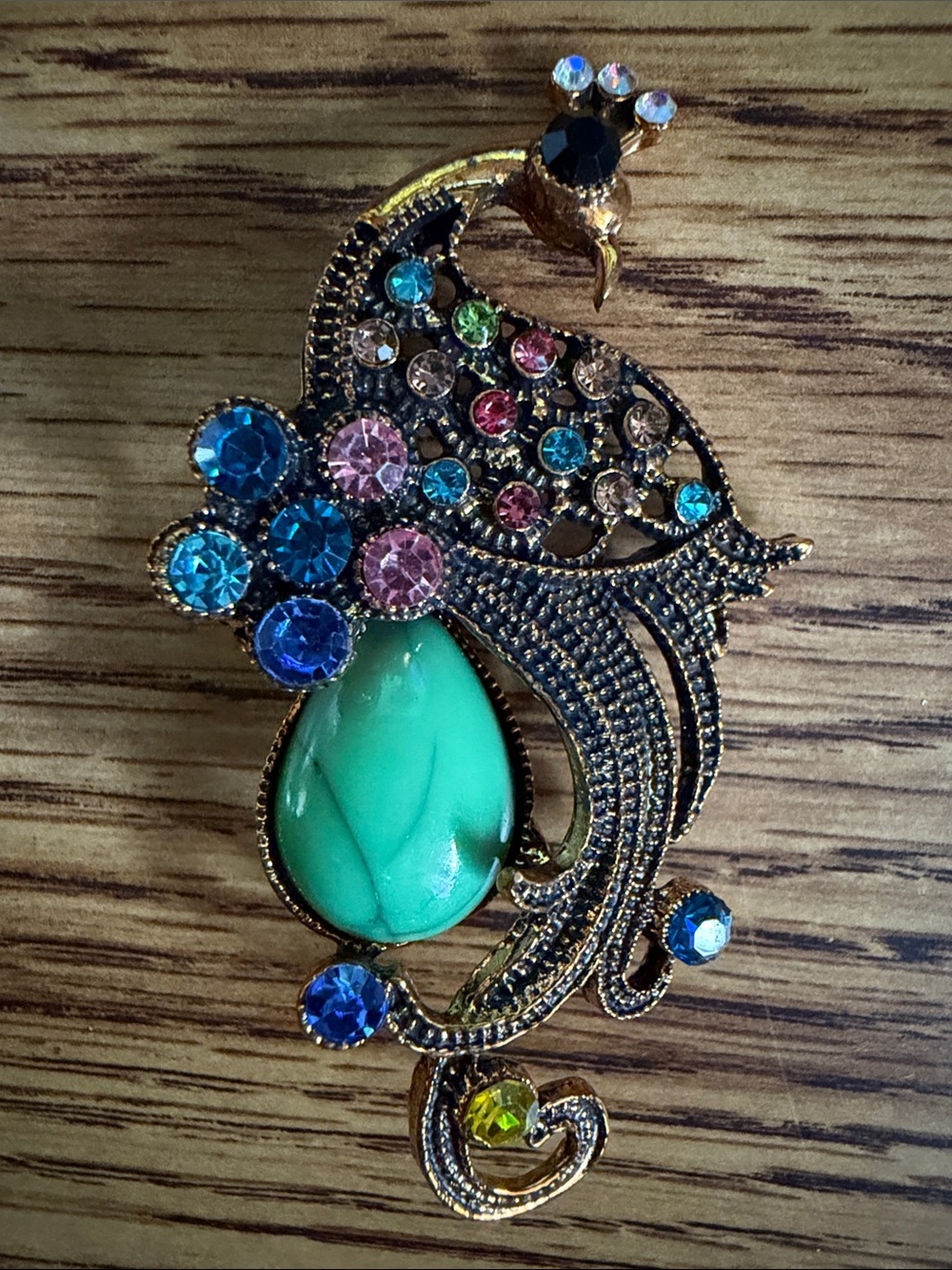 Gold-Tone Peacock Brooch with Turquoise Green Teardrop Stone
